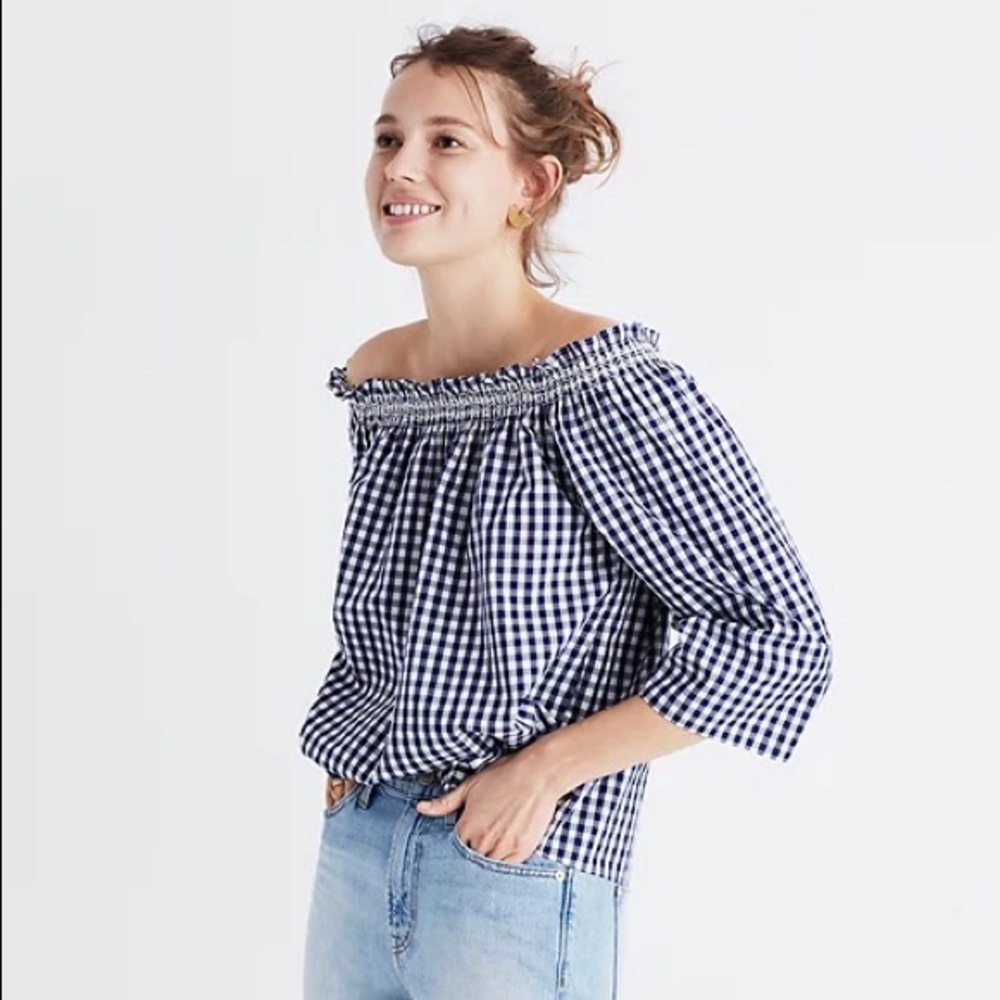 madewell | smocked gingham off-the-shoulder blouse navy white m